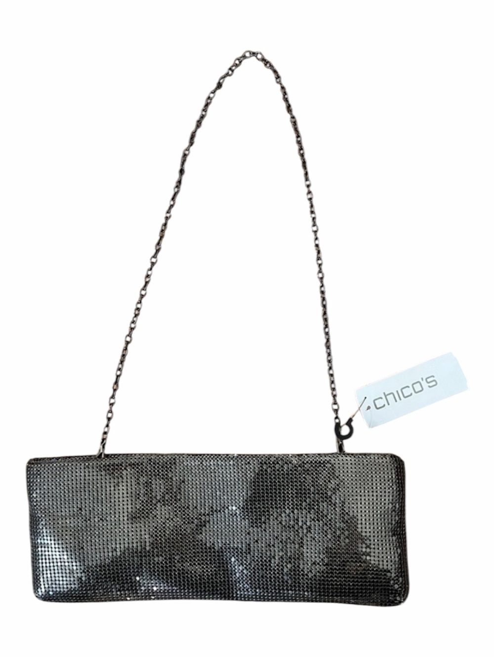 NWT Chico’s silver black Sandra mesh bag clutch metal chain sparkle
